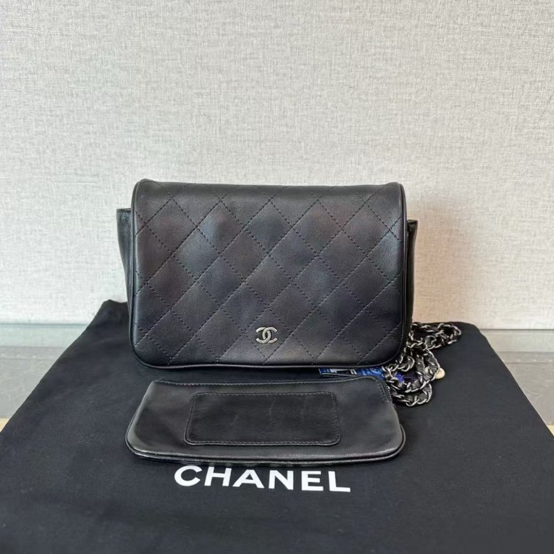 CHANEL 黑銀菱格紋子母雙子星斜背包 20*14*4.5 98新 配件塵袋-0