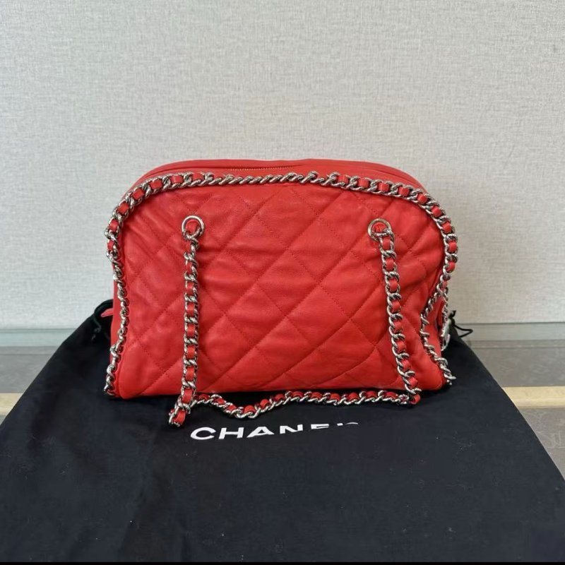 Chanel 紅銀滾邊hobo機場鍊條包 30*20*15 98新 配件塵袋-0