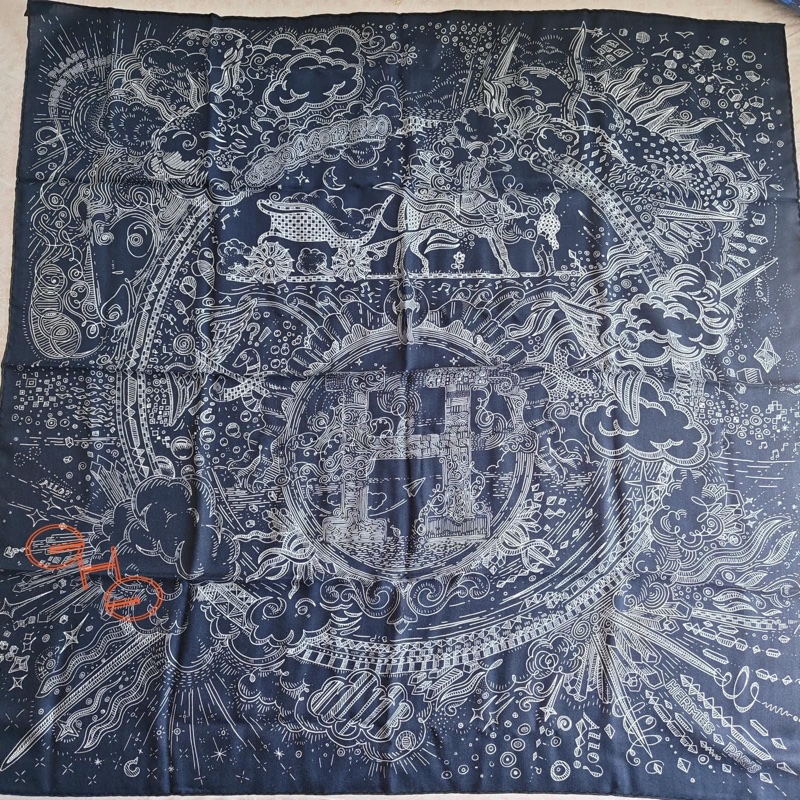 愛馬仕正在通話中喀什米爾披肩及長圍巾100cm/ 深藍和白色(全新)-0