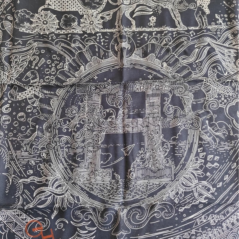 愛馬仕正在通話中喀什米爾披肩及長圍巾100cm/ 深藍和白色(全新)-2