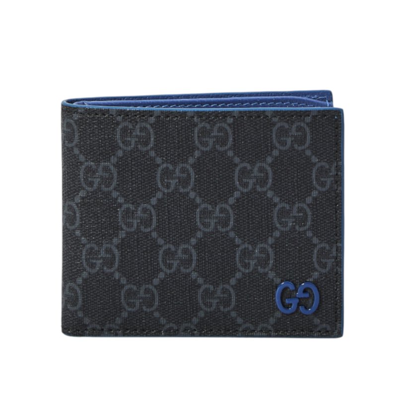 【GUCCI 古馳】GG Bi-Fold Supreme 帆布 皮革 卡夾 皮夾 短夾 藍色內裡 黑色 藍色 768243-0