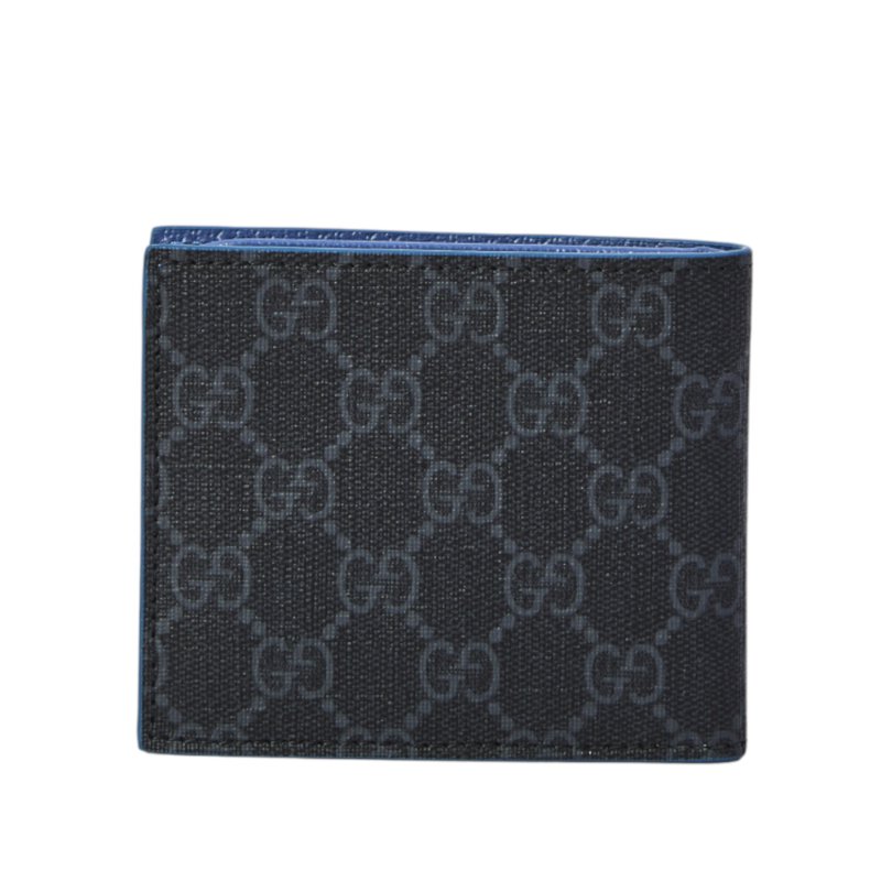 【GUCCI 古馳】GG Bi-Fold Supreme 帆布 皮革 卡夾 皮夾 短夾 藍色內裡 黑色 藍色 768243-3