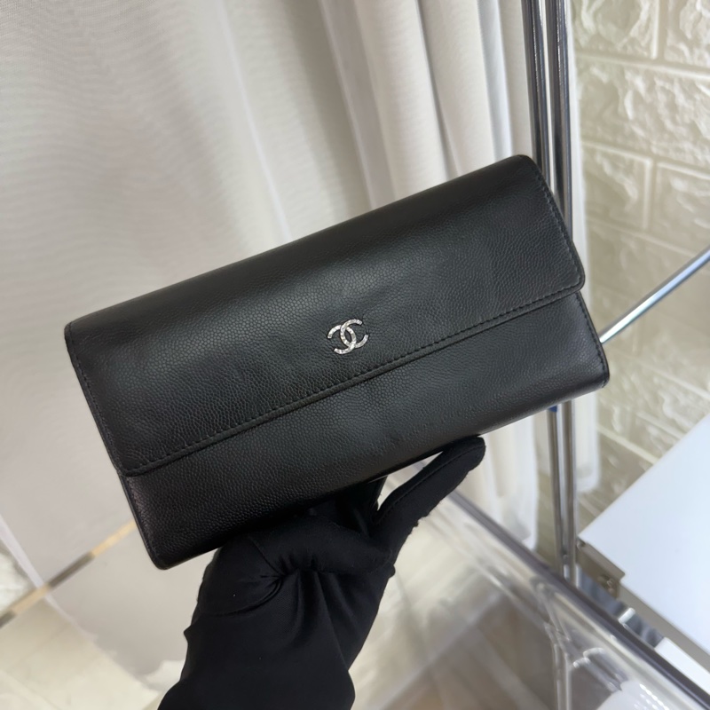 Chanel雙c logo 黑銀魚子醬錢包-0