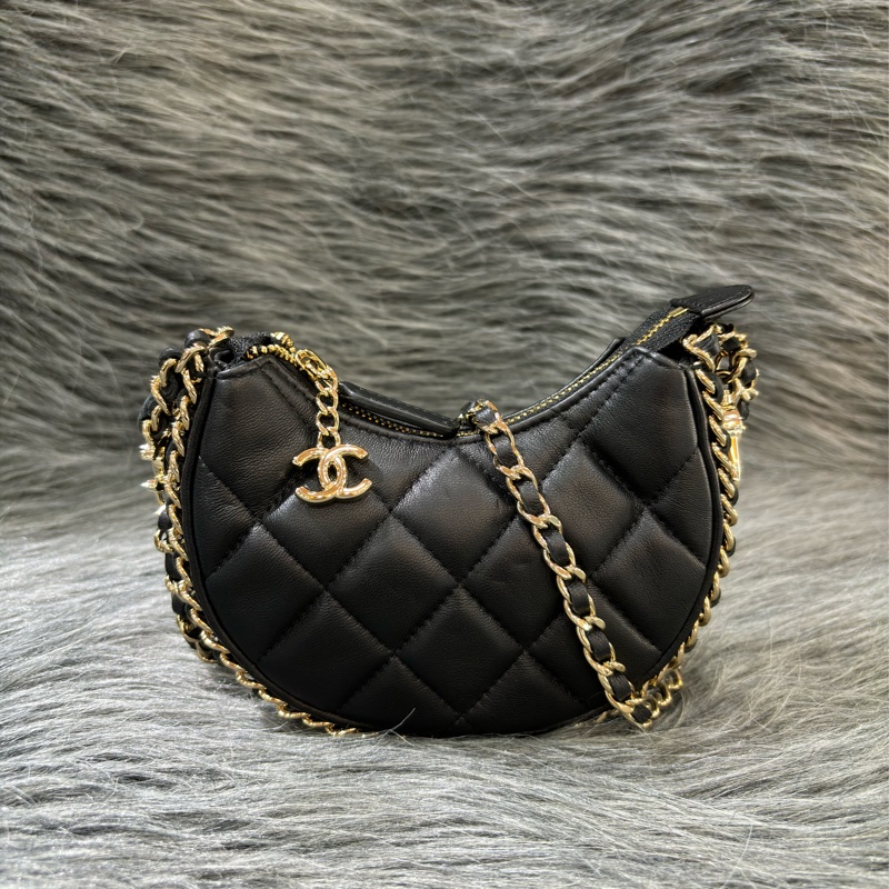 CHANEL AP3232 黑色羊皮 金鍊 肩背包彎月包牛角包半月包可頌包彎豆斜背包兩用包-0
