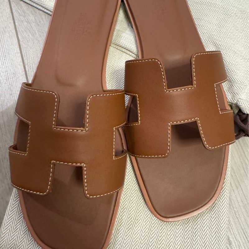 Hermes 全新在台 H大棕色拖鞋37.5 剛離櫃 附上購買證明-0