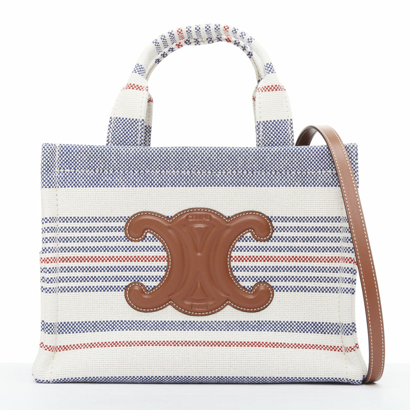 CELINE 2024 Small Cabas Thais striped textile canvas brown calfskin Triomphe tote bag-0