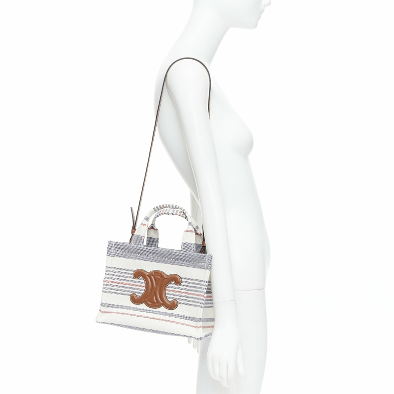 CELINE 2024 Small Cabas Thais striped textile canvas brown calfskin Triomphe tote bag-1
