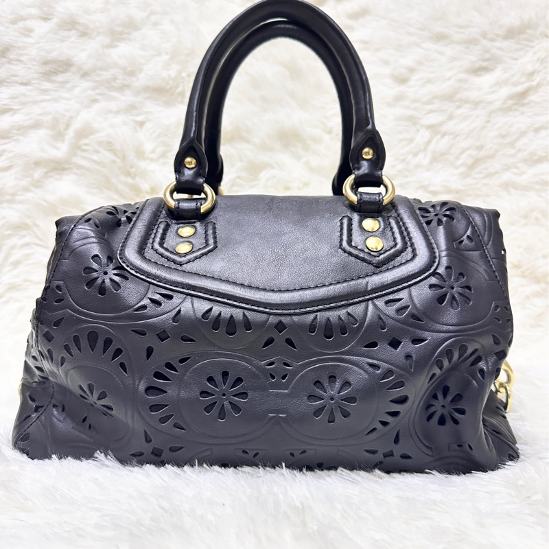 Caoch黑色絲光C Logo織紋抓皺真皮雕花鏤空two way兩用波士頓包/手提包/肩背包/側背包-1