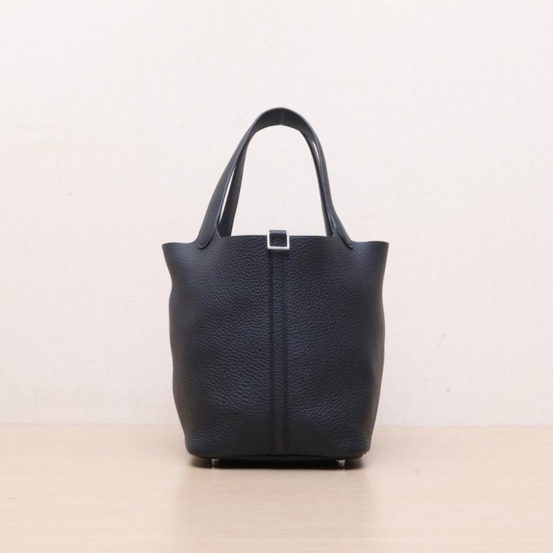 HERMES(愛馬仕) Picotin 22 菜籃子 89黑色 TM皮 W刻 銀扣-0