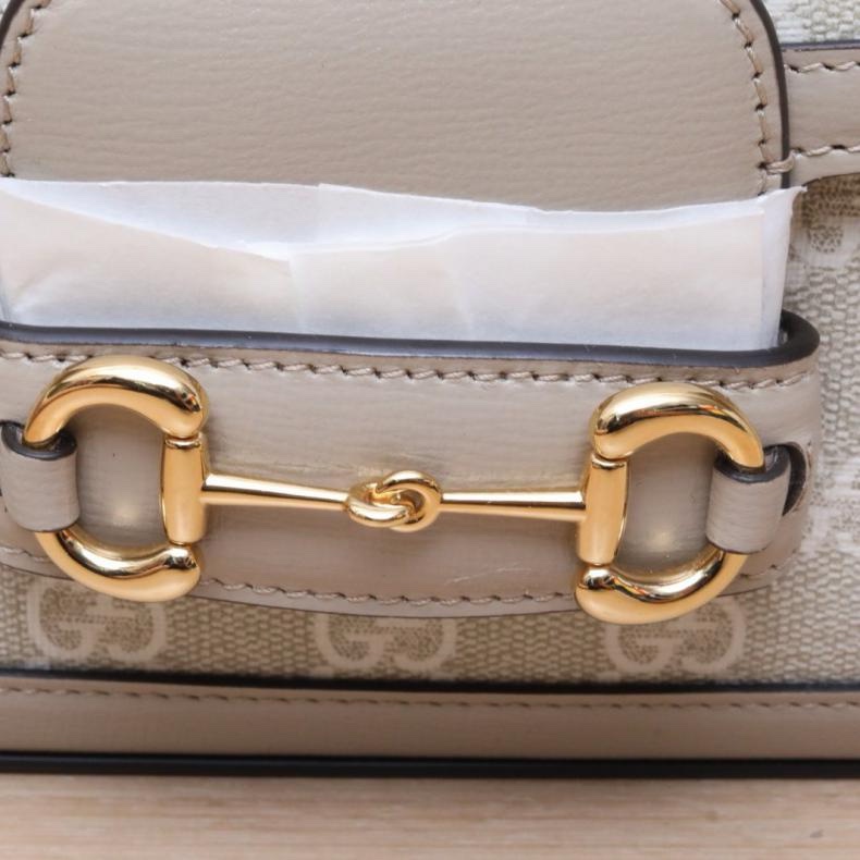 GUCCI(古馳) Horsebit 馬銜扣 1955 盒子包 小號 23cm 米白色 PVC 金扣-5