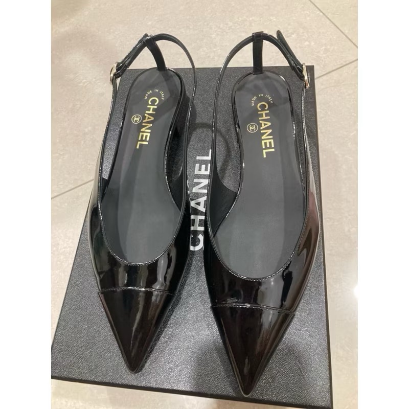 香奈兒 chanel23k 全黑 漆皮 尖頭後繫帶鞋 全新 尺寸38.5-5