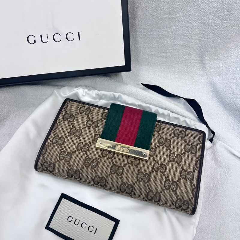 GUCCI經典老花紅綠織帶長夾-0