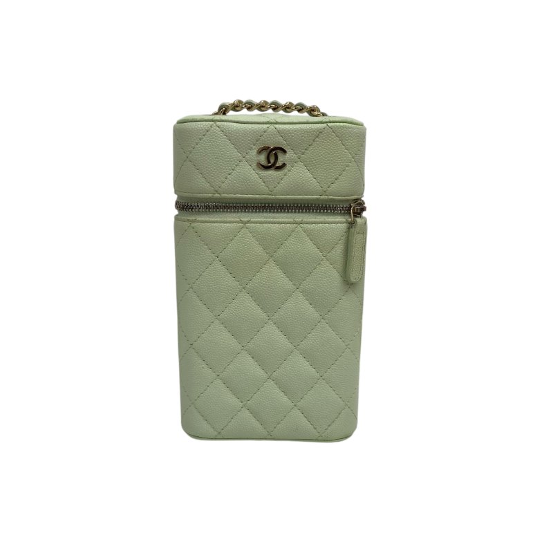 【CHANEL】薄荷綠 Caviar 魚子醬皮革 金扣 鏈條手機包 Chain Shoulder Bag（二手）-0