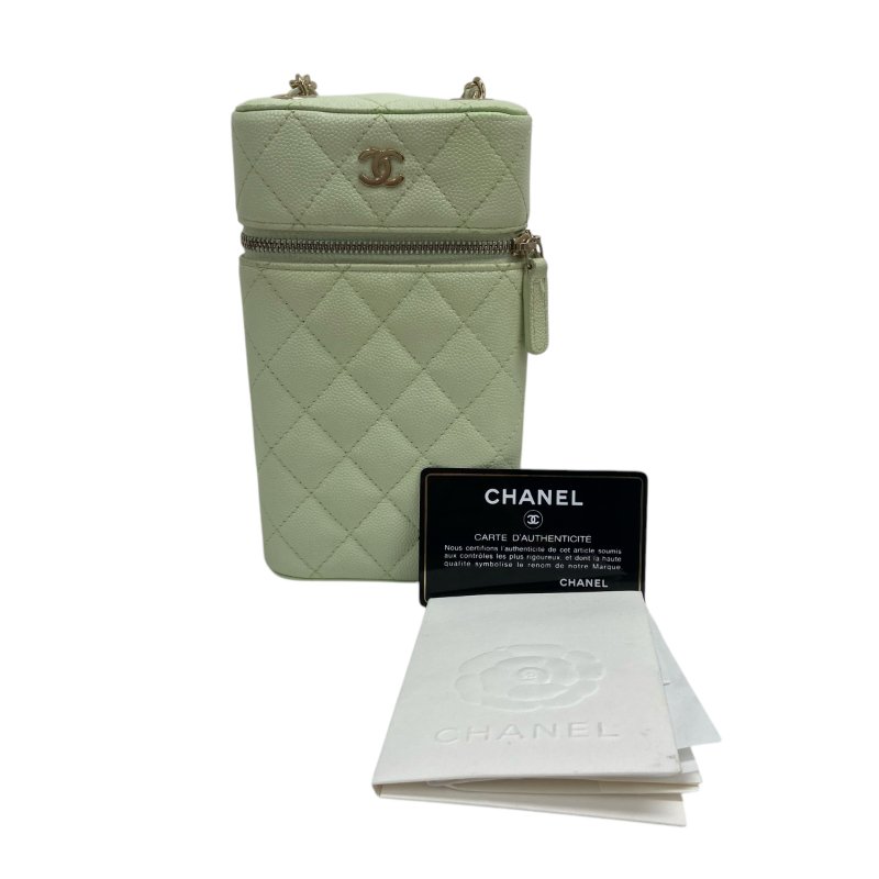 【CHANEL】薄荷綠 Caviar 魚子醬皮革 金扣 鏈條手機包 Chain Shoulder Bag（二手）-2