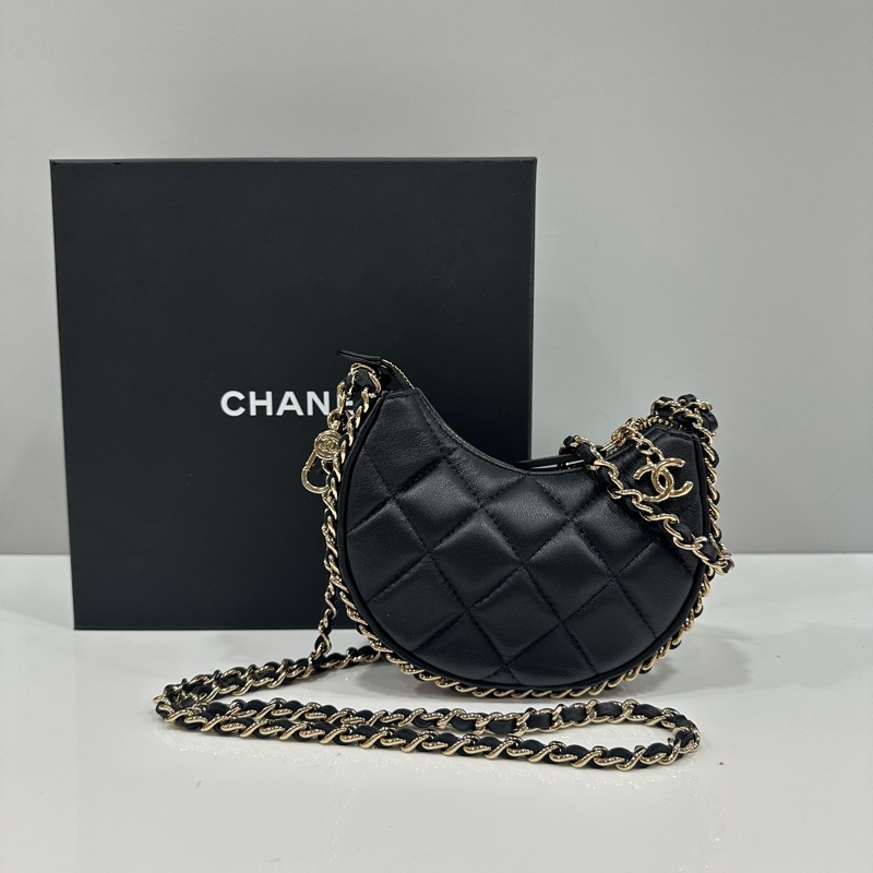 Chanel ap3232 黑色羊皮雙C鏈條斜背包 月牙包mini-0