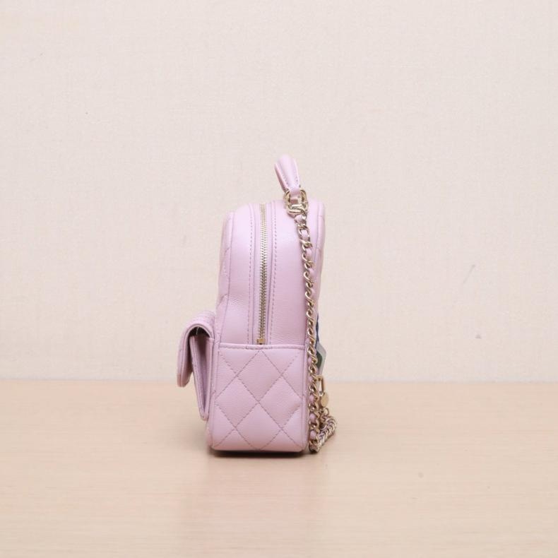 CHANEL(香奈兒) 24C 手提前口袋雙肩包 13cm 粉色 荔枝 鐳射標 金扣-1