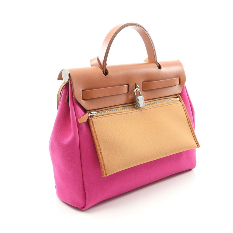 HERMES Airbag Zip PM Magnolia Dune 手提包 Toile H Toile H / Vache 皮革 Hunter 粉紅色 棕色 二手 女款-1