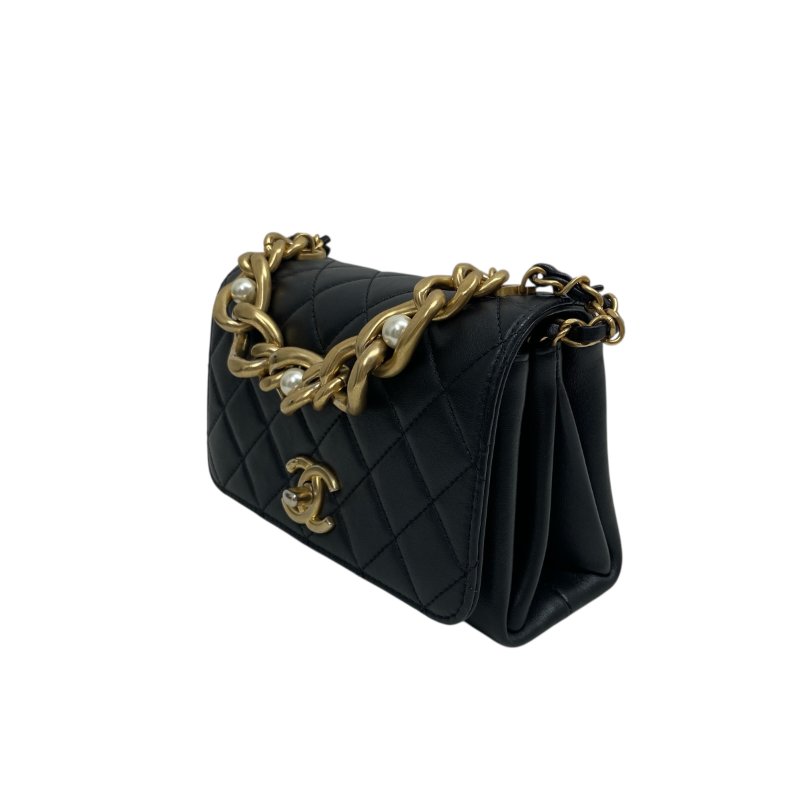 【CHANEL】黑色 Lambskin 金扣 2 Way 珍珠寶石金鏈翻蓋包 Chain Shoulder（二手）-2