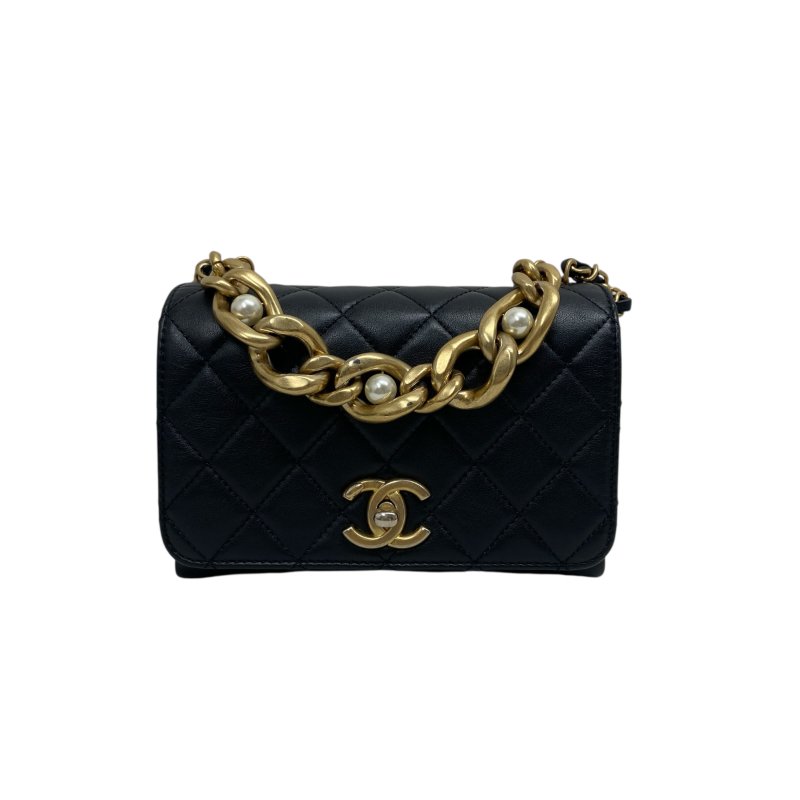 【CHANEL】黑色 Lambskin 金扣 2 Way 珍珠寶石金鏈翻蓋包 Chain Shoulder（二手）-10