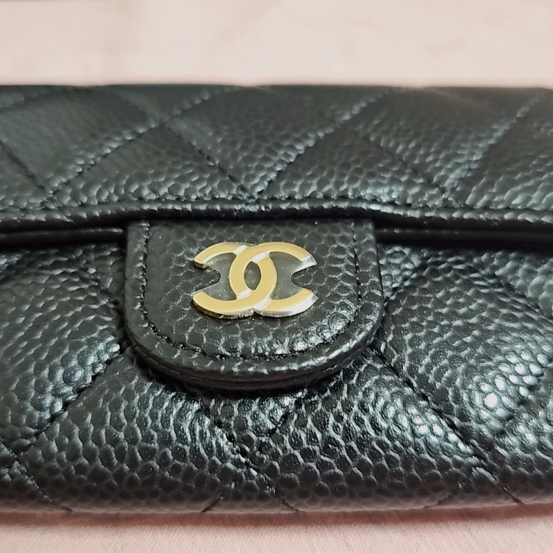 全新 CHANEL 經典 魚子醬 荔枝皮 菱格紋翻蓋 短夾 金扣-4
