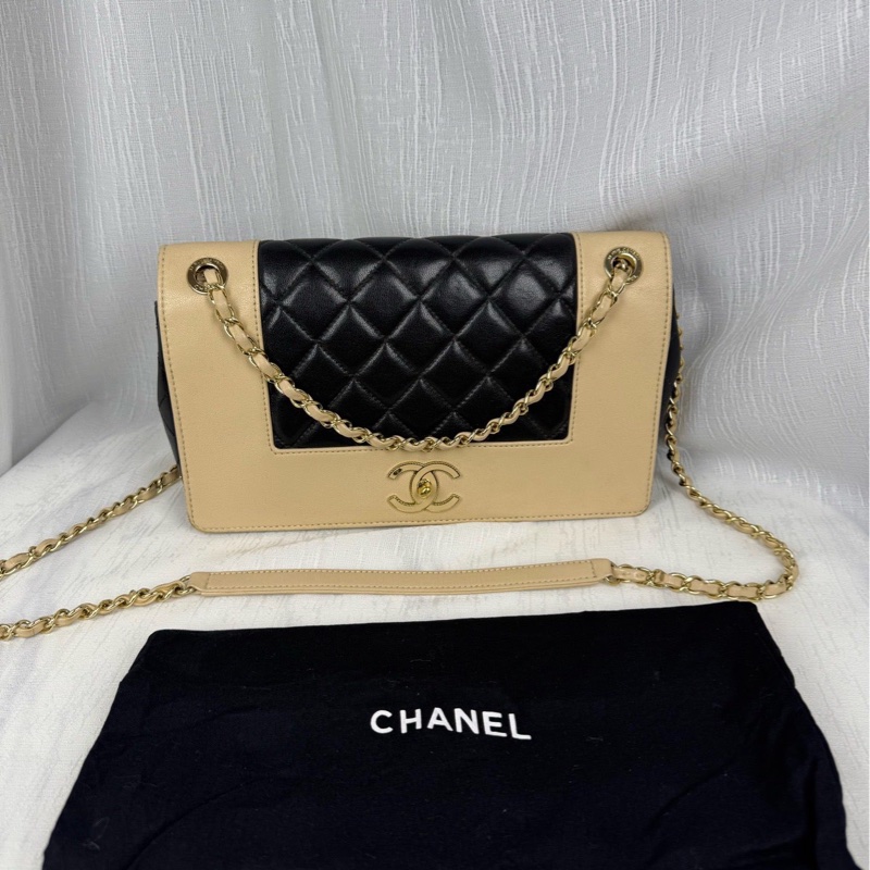 98新CHANEL香奈兒～黑金拼色羊皮鏈條包肩背包-0
