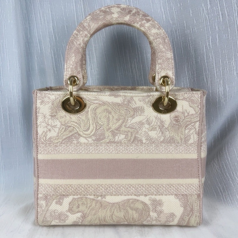 98新DIOR迪奧 Lady D-Lite 動物園系列老虎圖案茹伊印花刺繡淺色背景 織物 戴妃包手提包單肩包斜挎包-3