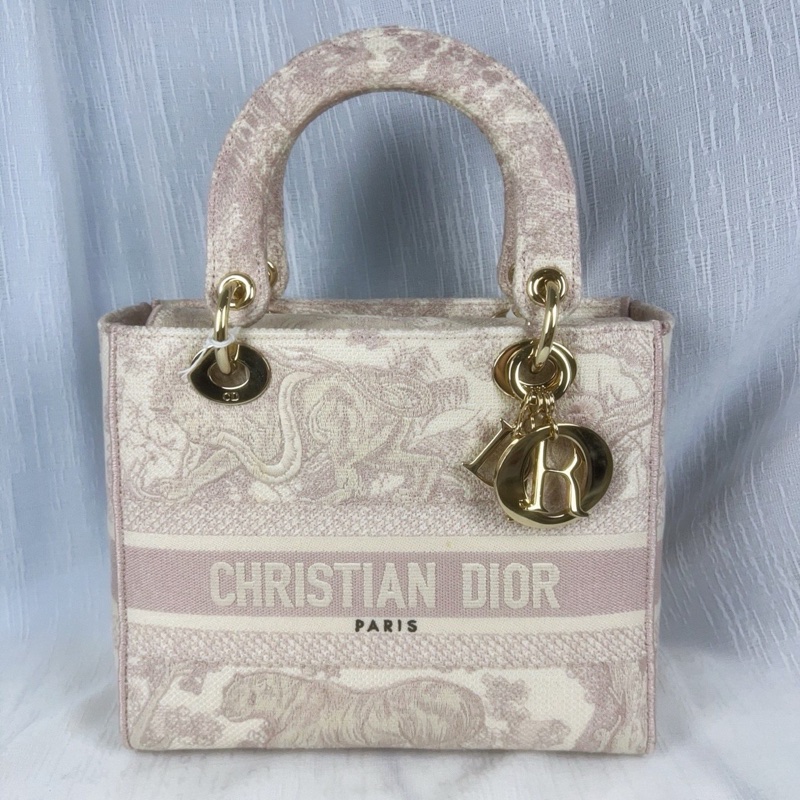 98新DIOR迪奧 Lady D-Lite 動物園系列老虎圖案茹伊印花刺繡淺色背景 織物 戴妃包手提包單肩包斜挎包-5