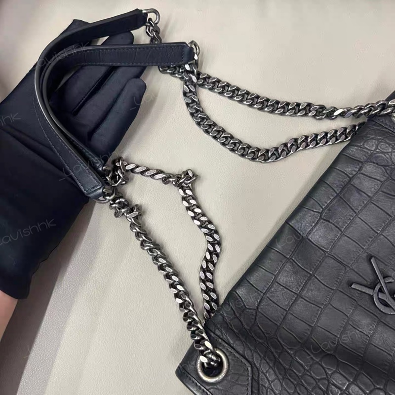 YSL Niki黑色磨砂 麂皮鰐壓紋 中號-6