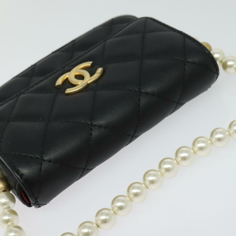 【日本直送】香奈兒 Matelasse Pearl 羊皮單肩包 黑金 CC 標誌 Auth 124901-5