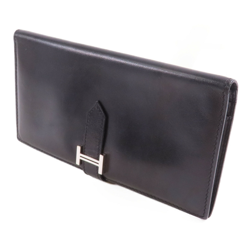HERMES Box Calf皮革Bearn Bi Fold銀扣長錢包Noir-2