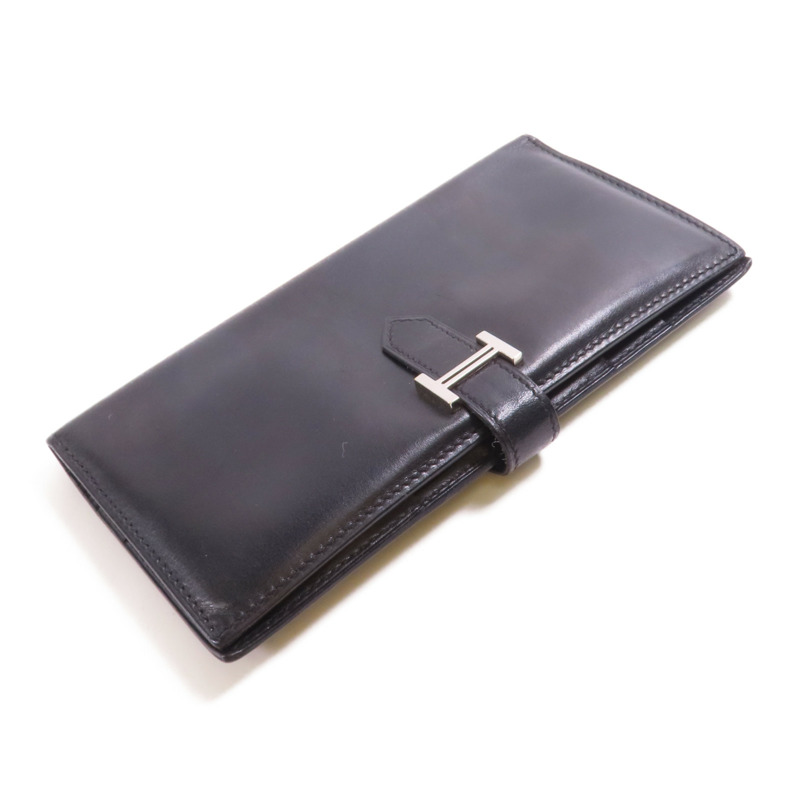 HERMES Box Calf皮革Bearn Bi Fold銀扣長錢包Noir-3