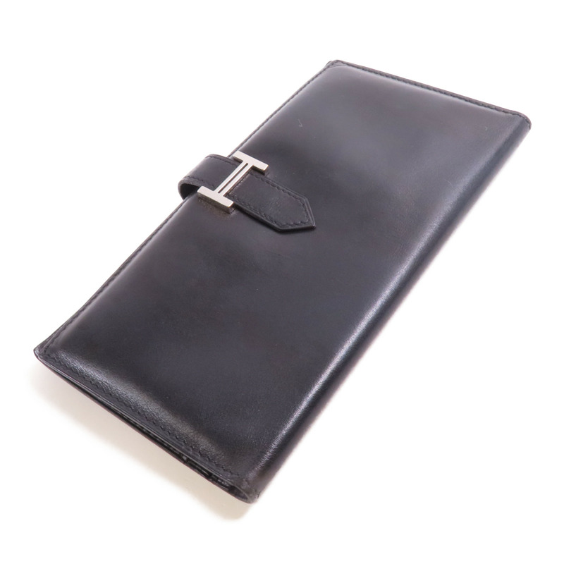 HERMES Box Calf皮革Bearn Bi Fold銀扣長錢包Noir-4