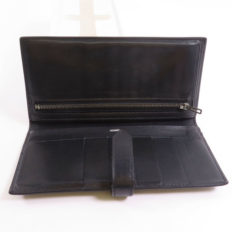 HERMES Box Calf皮革Bearn Bi Fold銀扣長錢包Noir-5
