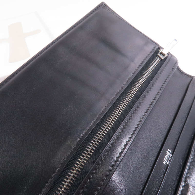 HERMES Box Calf皮革Bearn Bi Fold銀扣長錢包Noir-14