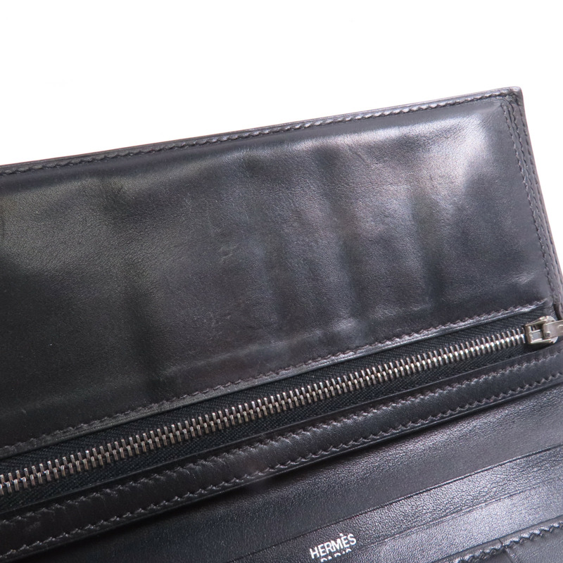 HERMES Box Calf皮革Bearn Bi Fold銀扣長錢包Noir-15