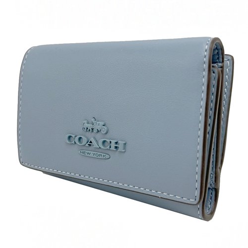 【全新】COACH 素面牛皮三折拉鍊零錢袋鈔票短夾(霧藍)-1