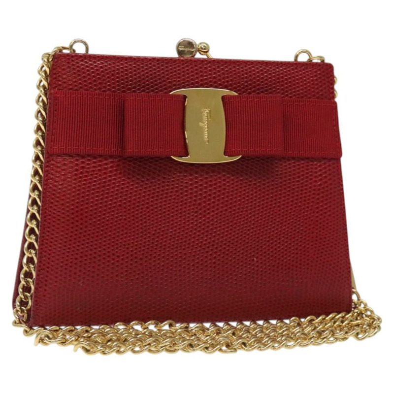 【日本直送】Salvatore Ferragamo 鏈條單肩包 蛇皮壓花 紅金 正品 125568-0
