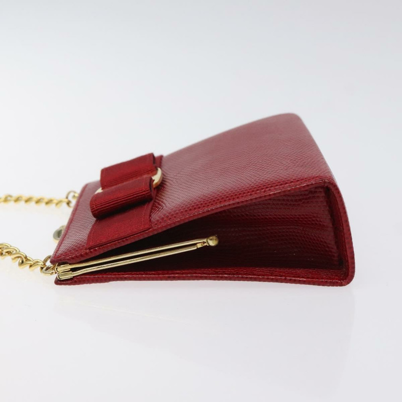 【日本直送】Salvatore Ferragamo 鏈條單肩包 蛇皮壓花 紅金 正品 125568-3