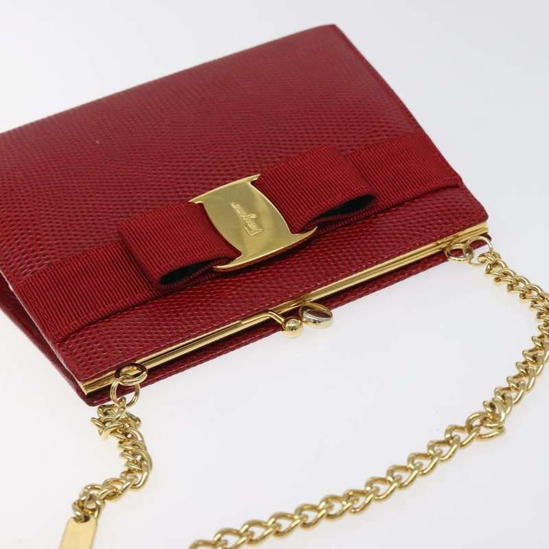 【日本直送】Salvatore Ferragamo 鏈條單肩包 蛇皮壓花 紅金 正品 125568-5