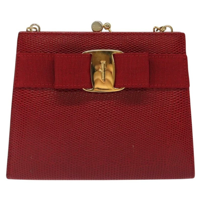 【日本直送】Salvatore Ferragamo 鏈條單肩包 蛇皮壓花 紅金 正品 125568-12