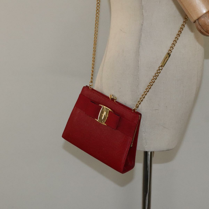 【日本直送】Salvatore Ferragamo 鏈條單肩包 蛇皮壓花 紅金 正品 125568-19