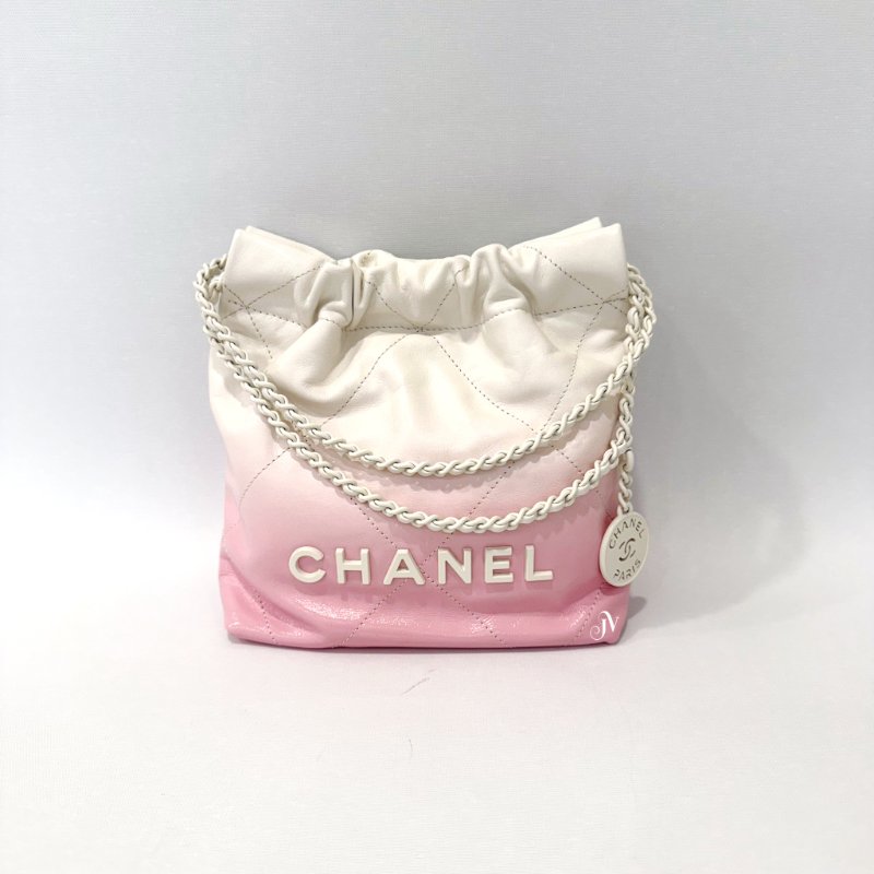 Chanel白與淡粉漸層色白釦mini 22 bag AS3980-0