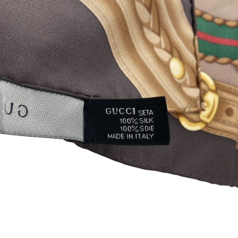 GUCCI 古馳 Horsebit花紋 真絲 絲巾 棕色-4