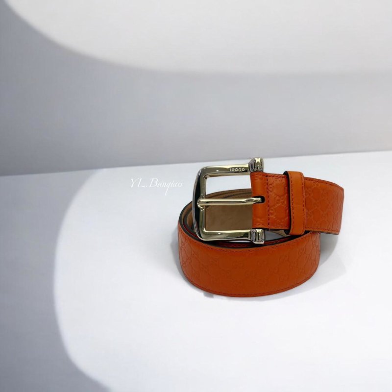 GUCCI Guccissima 馬蹄鐵扣頭橘色牛皮壓紋皮帶 281548-0