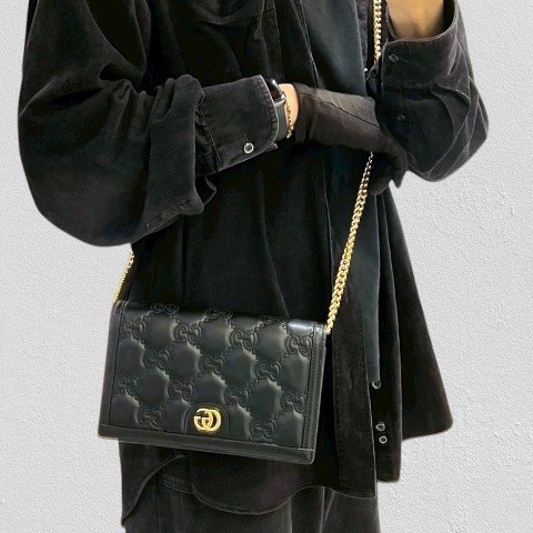 GUCCI Matelasse黑牛皮壓紋鏈帶包723787-7