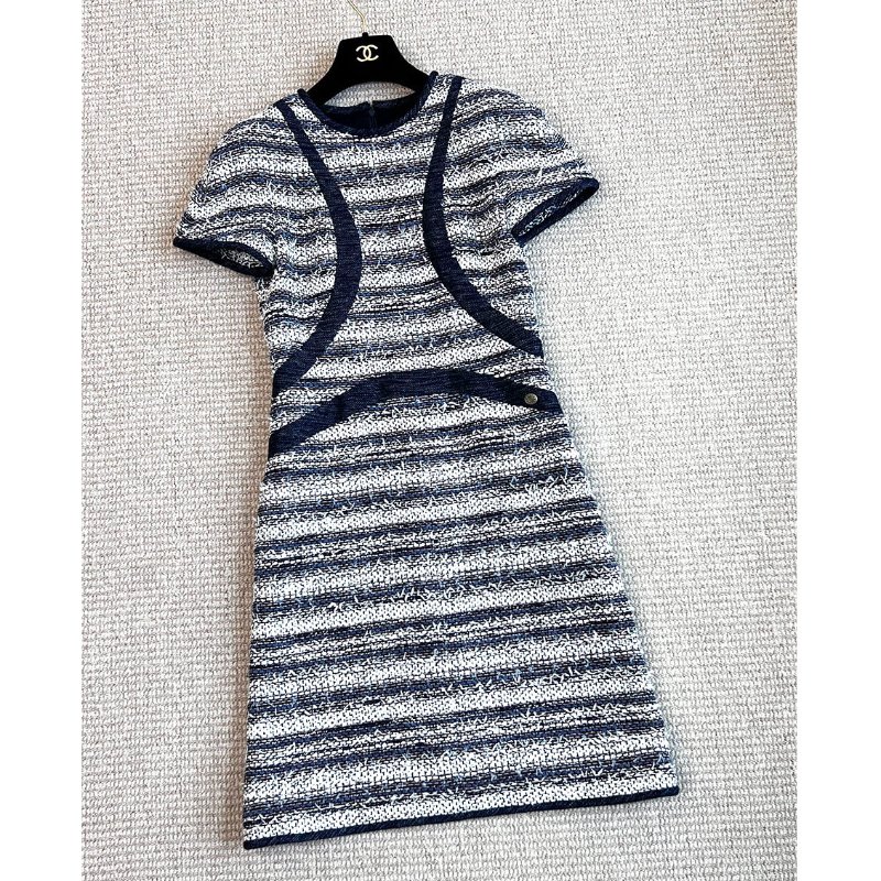 CHANEL TWEED 深藍牛仔毛呢短袖洋裝 36/S/M-6