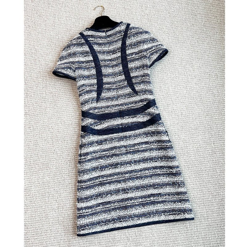 CHANEL TWEED 深藍牛仔毛呢短袖洋裝 36/S/M-7