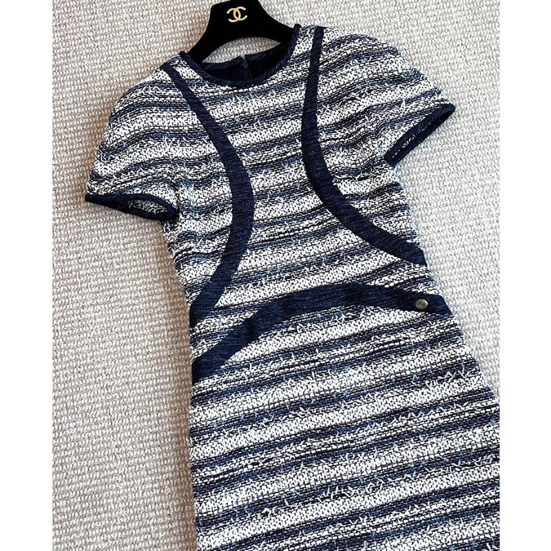 CHANEL TWEED 深藍牛仔毛呢短袖洋裝 36/S/M-8