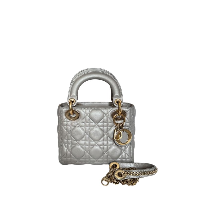 【DIOR】Lady Dior 灰色小牛皮 金扣 戴妃包(二手)K2911-1