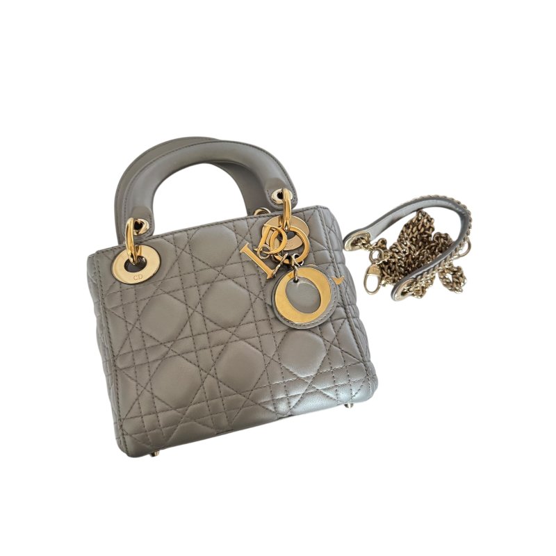 【DIOR】Lady Dior 灰色小牛皮 金扣 戴妃包(二手)K2911-14